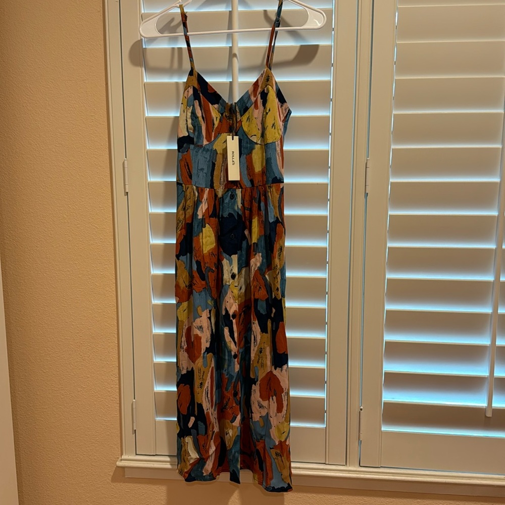 Eve Painted Tulip Rust Orange Multi Print Button-Up Midi Dress. Size XS